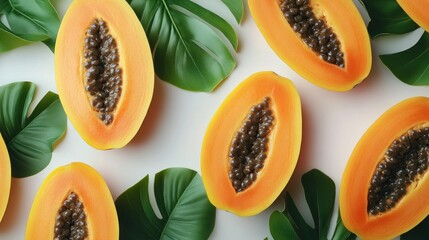 Fresh papaya slices with tropical leaves on white background