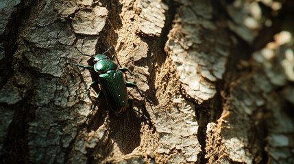 Metallic Green Tiger Beetle on Tree Bark in Natural Light
