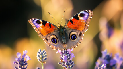 Peacock Butterfly on Lavender Flower during Golden Hour