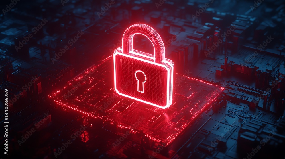 Poster digital security concept with a neon lock on a circuit board, symbolizing data protection and cyber 