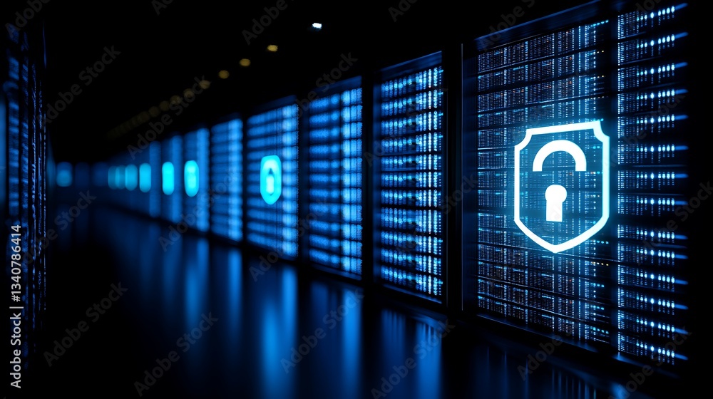 Poster digital security concept with blue lighted data servers and cyber lock symbol representing data prot