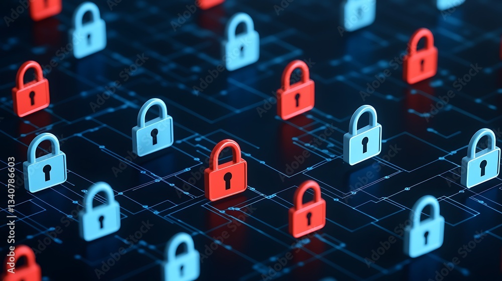 Poster digital security concept with colorful locks on circuit board background symbolizing cyber protectio