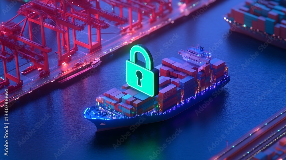 Poster digital security concept with container ship and lock symbol overlaid on vibrant shipping port scene
