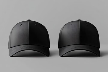 Two identical black baseball caps, front view.  The caps are positioned side-by-side on a plain gray surface, showcasing a dark, textured fabric.  The adjustable straps are visible