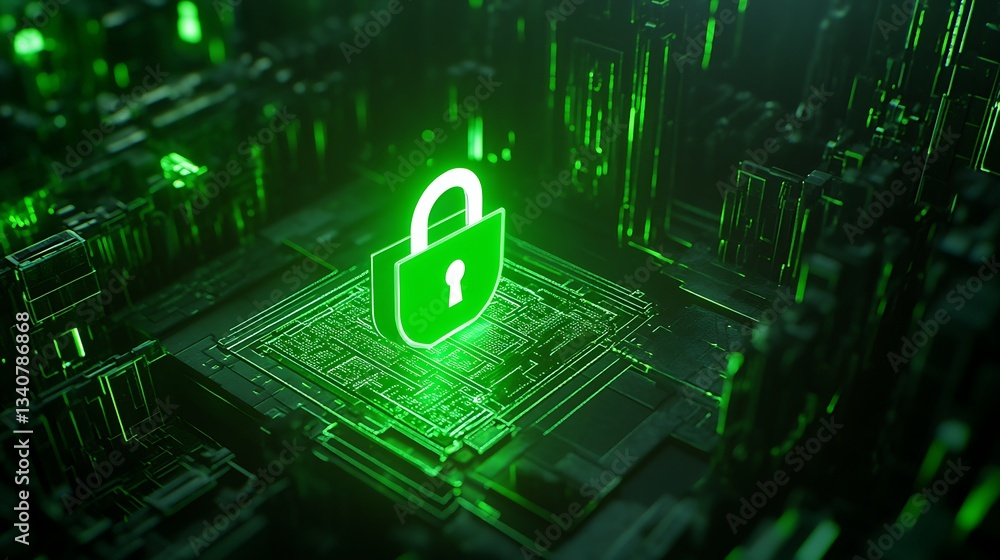 Poster digital security concept with glowing green padlock icon on computer circuit board in futuristic env