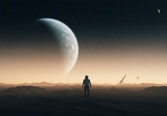 Man stands on another planet looking towards Earth. Space exploration concept for banner, poster or template. Extraterrestrial cosmic landscape inspiration.