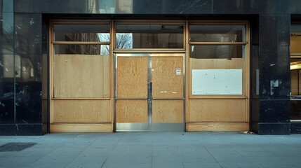 A closed entrance with wooden panels and glass features, showcasing urban architecture