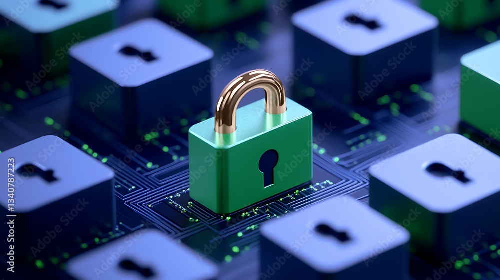 Poster digital security concept with green lock surrounded by circuit patterns on a blue background