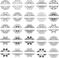 Non Generative AI Images. Set of 25 Split Mandala Vector, decorative, symmetrical, perfect for monograms, logos, engravings, stickers, printing, and digital art.
