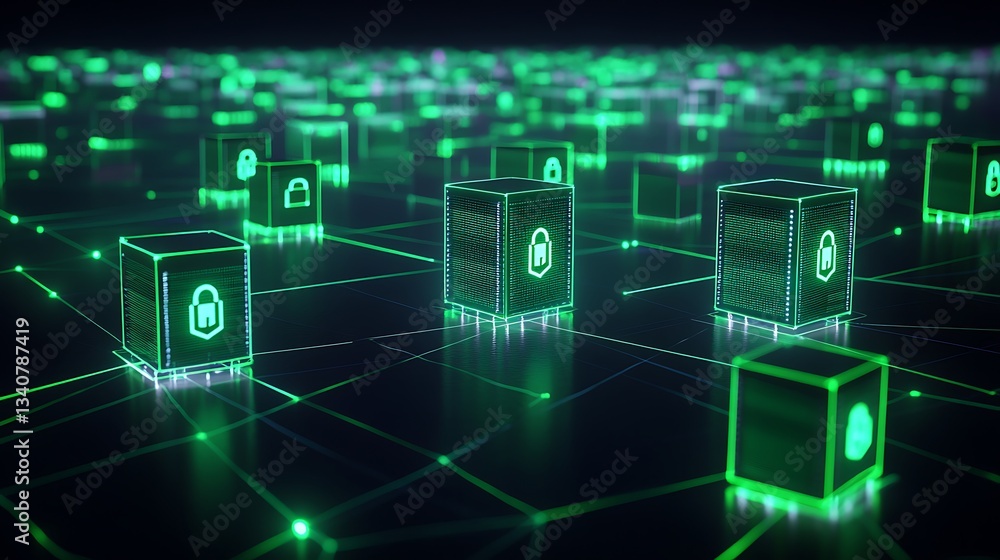 Poster digital security concept with green lock symbols in data network and connected storage boxes across 