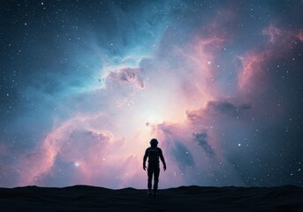 Fototapeta premium Astronaut contemplates a colorful nebula on an alien planet for space exploration and otherworldly wonder, perfect for science fiction and cosmos themes
