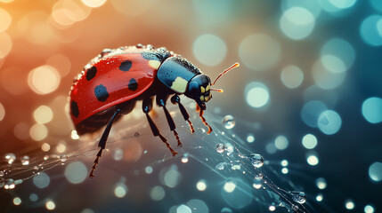 Ladybug on Dewy Spider Web with Water Droplets