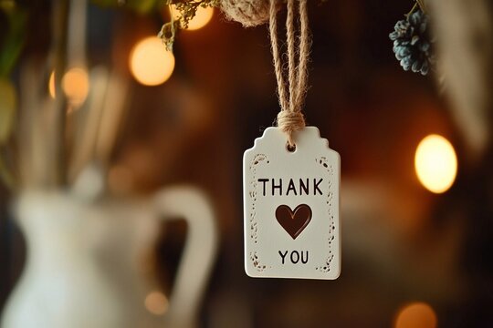 
A white tag with the words "THANK YOU" and a heart engraved on it, hanging from a string.


