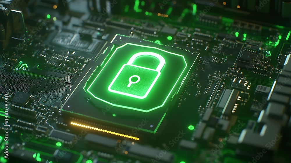Poster digital security concept with green padlock symbol on circuit board displaying data protection and e