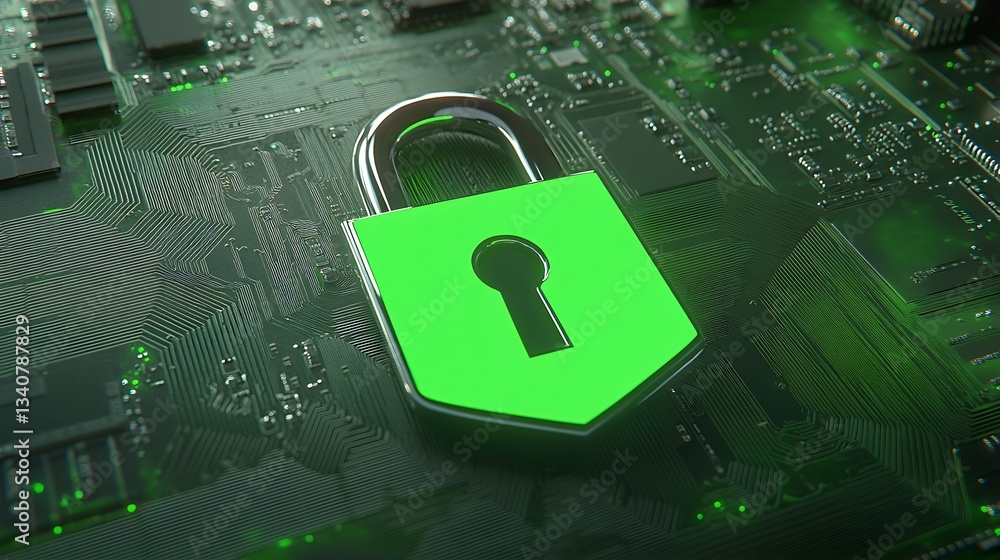 Poster digital security concept with green padlock on circuit board background for cyber protection and saf