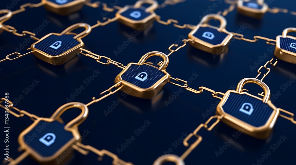 Poster digital security concept with interconnected chains and padlocks representing data protection and cy