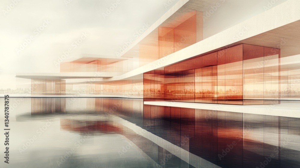 Poster modern architectural building reflecting in water creating a serene atmosphere