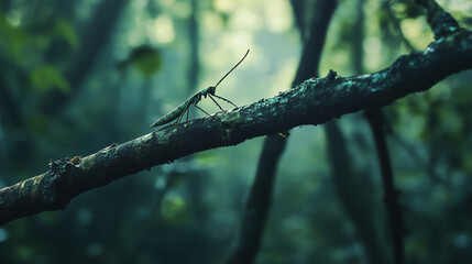 Stick insect camouflaged on branch in natural forest light