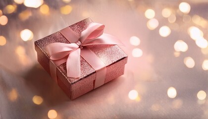 Fototapeta premium elegant pink glitter gift box with bow festive holiday present sparkling background shiny beige party ribbon luxury