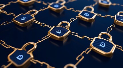 Digital security concept with interconnected chains and padlocks representing data protection and cybersecurity innovation