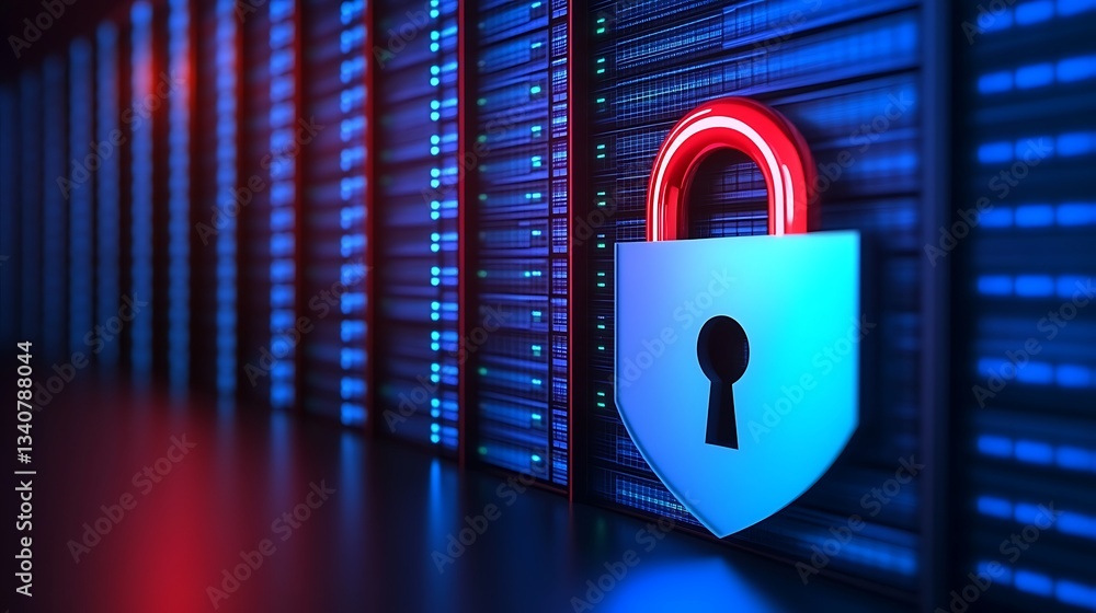 Poster digital security concept with lock icon and data server background for cybersecurity themes
