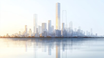 Fototapeta premium Conceptual skyline depicts city buildings reflected in serene water