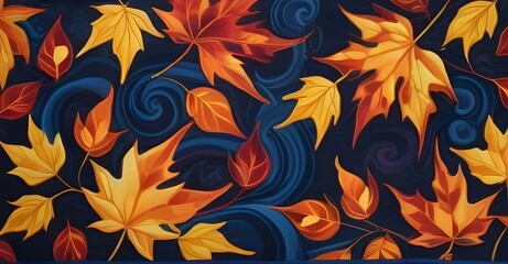 Autumn's Embrace: A vibrant composition of colorful autumn leaves in shades of red, orange, and yellow dances against a rich navy background. 
