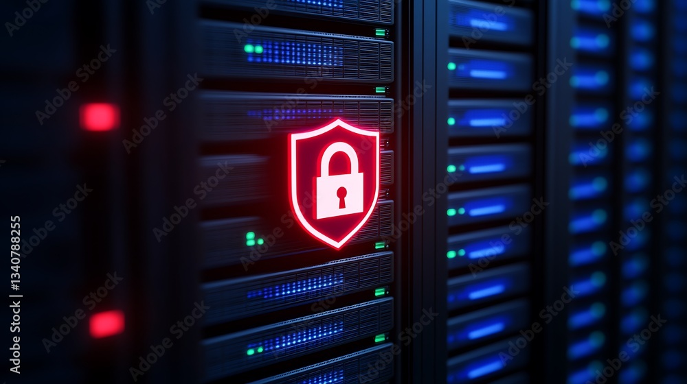 Poster digital security concept with lock icon on server rack in data center highlighting cybersecurity pro