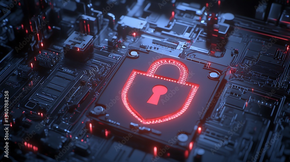 Poster digital security concept with lock icon on circuit board in neon red and black color scheme