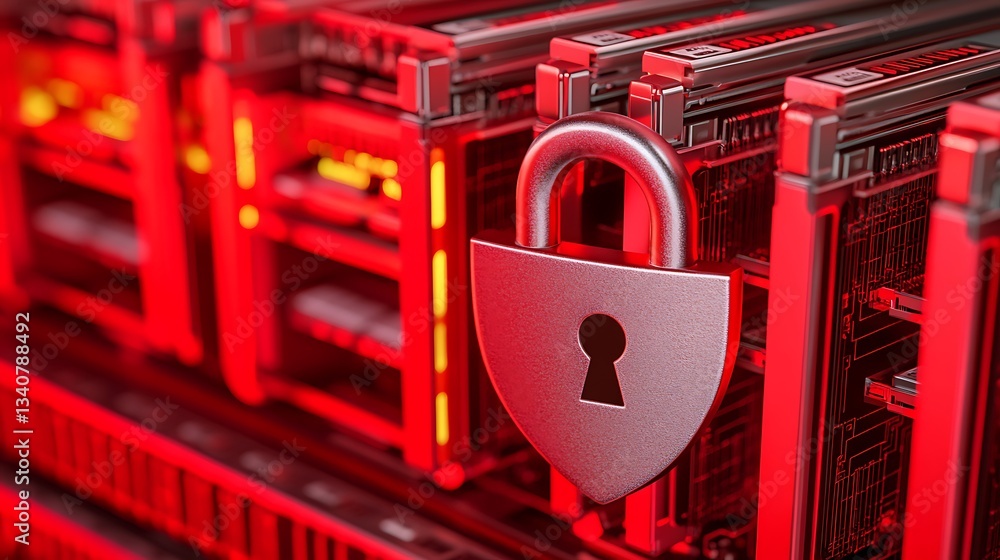 Poster digital security concept with lock symbol and data server background in bright red and metallic colo