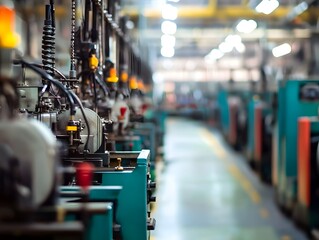 Fototapeta premium A detailed view of modern manufacturing equipment lined up in a factory. The machinery showcases advanced technology, efficiency, and precision in industrial production.