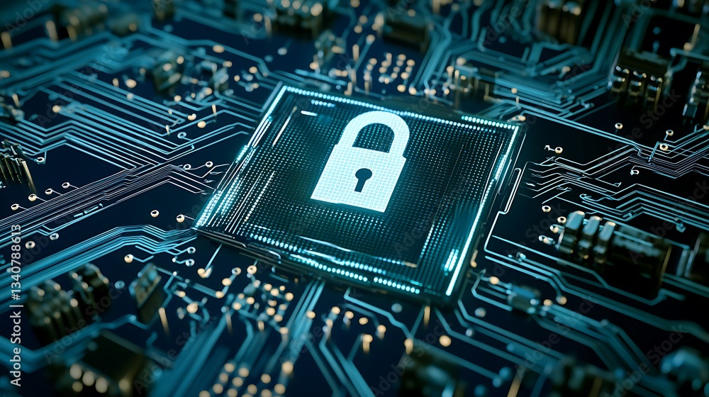 Poster digital security concept with lock symbol on circuit board background in blue and metallic colors