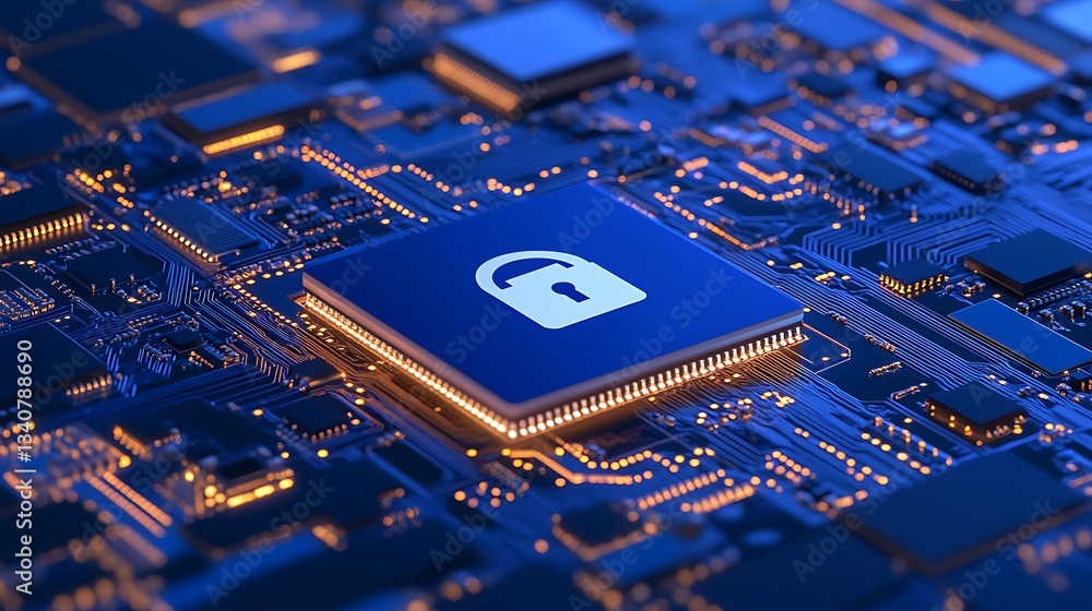Poster digital security concept with lock symbol on circuit board background representing cyber protection 