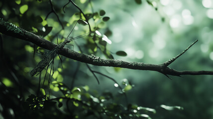 Stick Insect Camouflaged on Branch in Natural Forest Environment