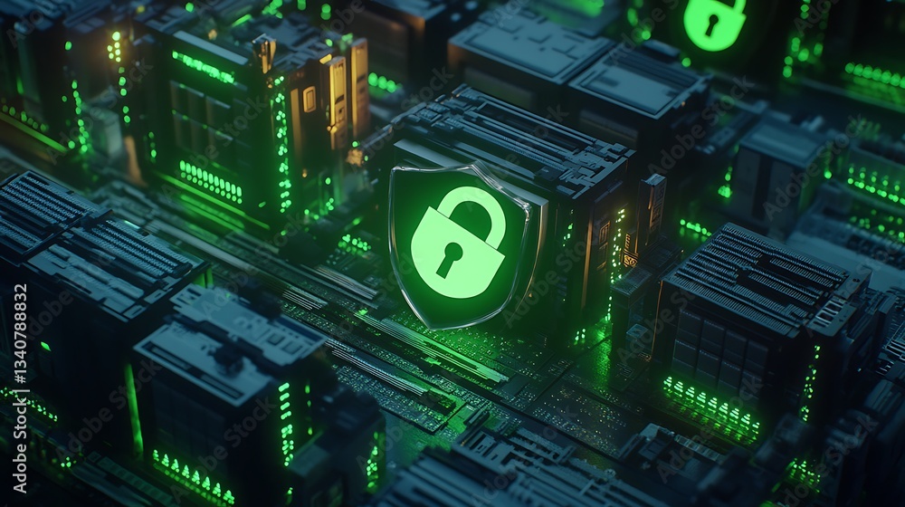 Poster digital security concept with lock symbol on circuit board surrounded by glowing green lights and ch