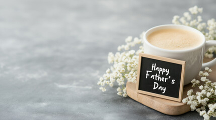 Father's day coffee mug resting wooden board, delicate white blossoms nearby, small chalkboard sign highlighting special morning moment