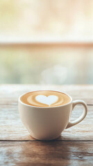 Fototapeta premium Warm cappuccino with heart shaped latte art sitting on rustic wooden surface, soft window light creating intimate cafe ambiance