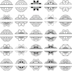 Non Generative AI Images. Set of 25 Split Mandala Vector, decorative, symmetrical, perfect for monograms, logos, engravings, stickers, printing, and digital art.