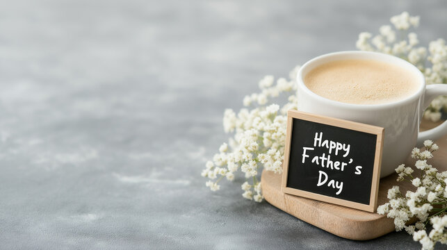 Father's day coffee mug resting wooden board, delicate white blossoms nearby, small chalkboard sign highlighting special morning moment