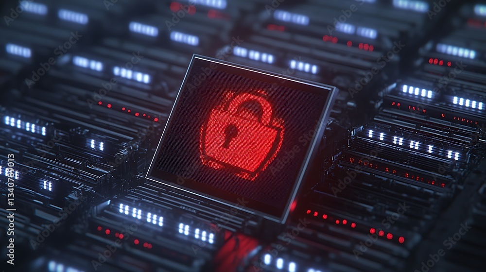 Poster digital security concept with lock symbol on high-tech server background for cybersecurity themes