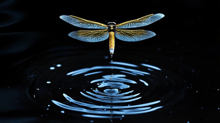 Dragonfly Hovering Above Water Surface with Wing Transparency Effects