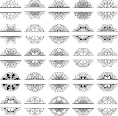Non Generative AI Images. Set of 25 Split Mandala Vector, decorative, symmetrical, perfect for monograms, logos, engravings, stickers, printing, and digital art.