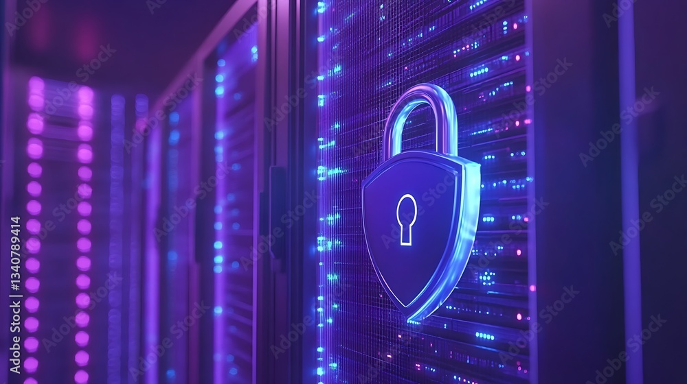 Aufkleber digital security concept with modern server rack and neon lock symbol representing cyber protection
