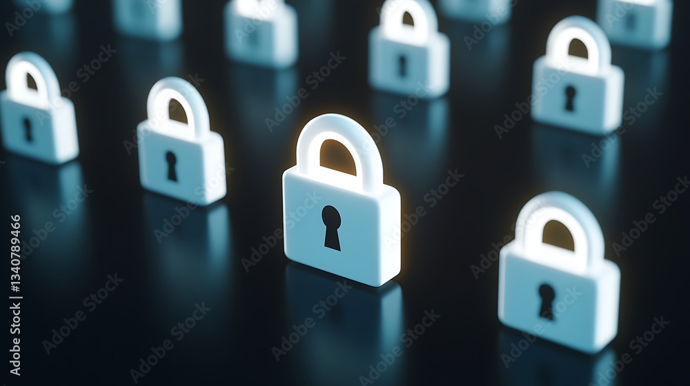 Poster digital security concept with multiple locks in an abstract space background representing safety and