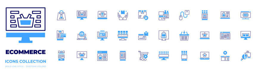 Ecommerce icon collection. Bold line style. Duotone colors. online shopping, laptop, click, shopping basket, shopping online, search, payment, delivery