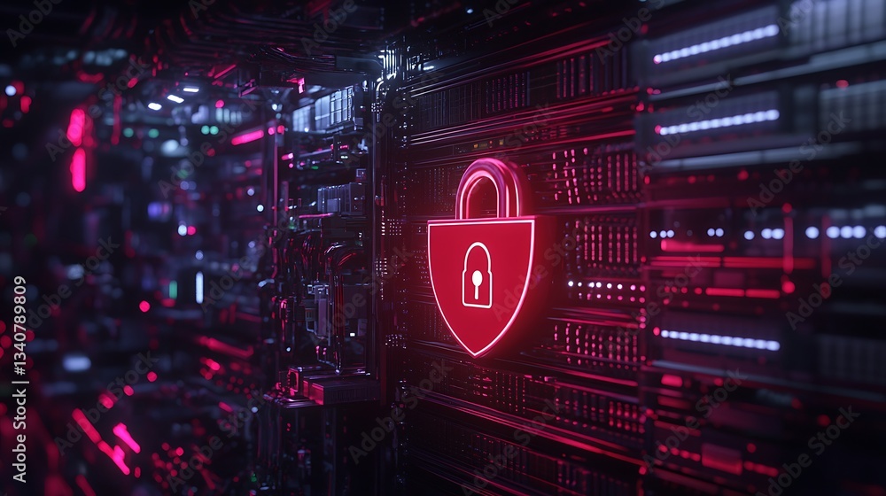 Aufkleber digital security concept with neon lock symbol on circuit board in futuristic technology environment