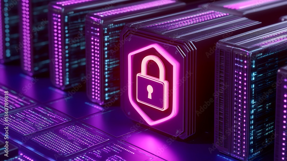 Poster digital security concept with neon lock symbol on data servers representing cyber protection and pri