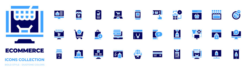 Ecommerce icon collection. Bold style. Duotone colors. online shopping, ecommerce, smartphone, bag, computer, laptop, credit card, jewelry, buy online