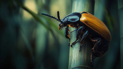 Rhinoceros Beetle Climbing Bamboo in Japanese Minimalist Style