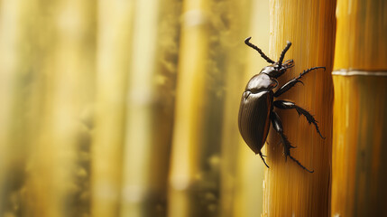 Rhinoceros Beetle Climbing Bamboo in Minimalist Japanese Style